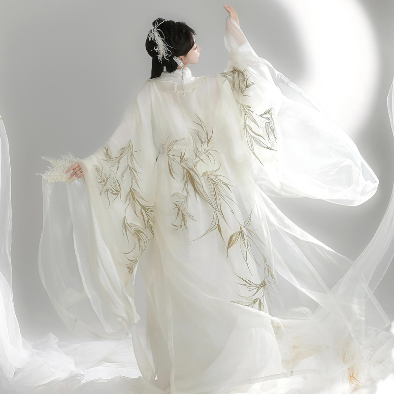 Wei-Jin-Style-Hanfu-Women-Cross-Collared-Zhiju-Embroidered-Wide-Sleeve-Dress-For-Wuxia-3 Wei-Jin Style Hanfu Women Cross-Collared Zhiju Embroidered Wide-Sleeve Dress For Wuxia