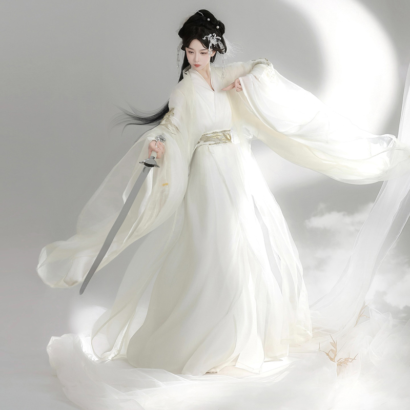 Wei-Jin-Style-Hanfu-Women-Cross-Collared-Zhiju-Embroidered-Wide-Sleeve-Dress-For-Wuxia-4 Wei-Jin Style Hanfu Women Cross-Collared Zhiju Embroidered Wide-Sleeve Dress For Wuxia