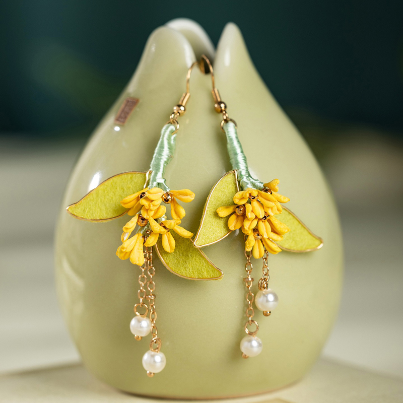 Women-Hanfu-Earrings-Handmade-Osmanthus-Enamel-Velvet-1 Women Hanfu Earrings Handmade Osmanthus Enamel Velvet