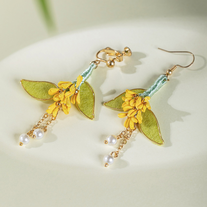 Women-Hanfu-Earrings-Handmade-Osmanthus-Enamel-Velvet-2 Women Hanfu Earrings Handmade Osmanthus Enamel Velvet