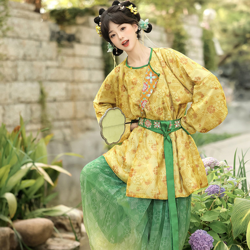 Autumn-Tang-Dynasty-Women-Hanfu-Round-Neck-Robe-Cute-Yellow-Daily-Set-4 Autumn Tang Dynasty Women Hanfu Round Neck Robe Cute Yellow Daily Set