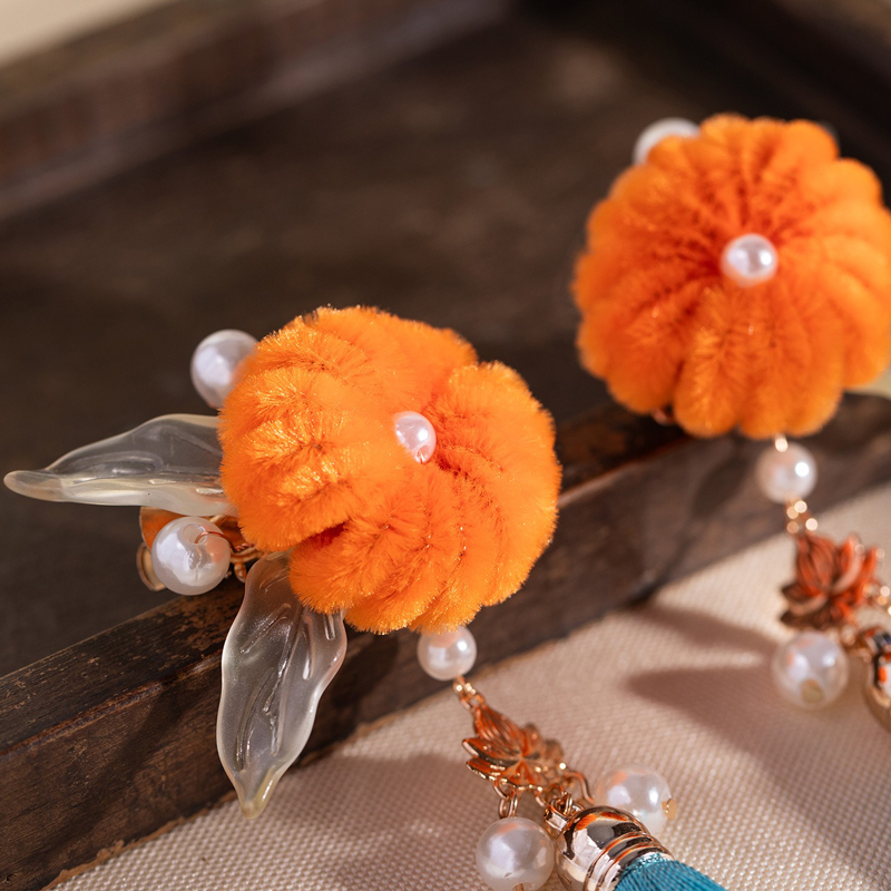 Hanfu-Women-Pumpkin-Hairpiece-with-Tassel-Plush-Hairpin-3 Hanfu Women Pumpkin Hairpiece with Tassel Plush Hairpin