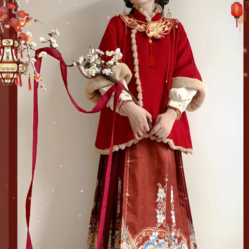 Women-Winter-Hanfu-Red-New-Year-Attire-with-Mamian-Skirt-2 Women Winter Hanfu Red New Year Attire with Mamian Skirt
