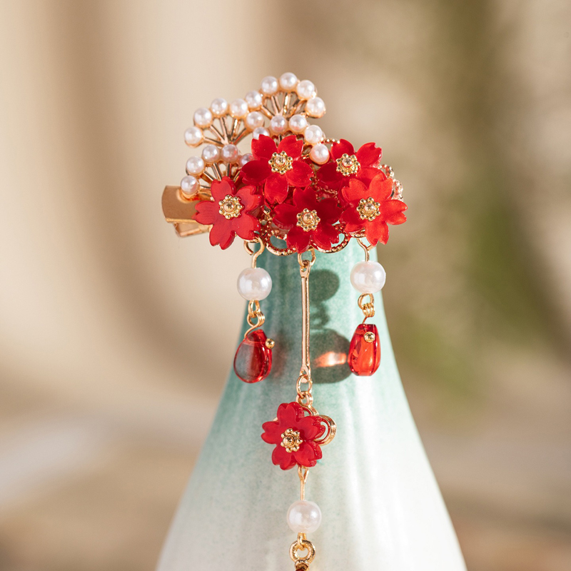 Hanfu-New-Year-Hair-Accessory-for-Children-Cherry-Blossom-Hair-Clip-with-Red-Petals-3 New Handcrafted Intangible Cultural Heritage Silk Earrings Classic Cheongsam Red Tassel Earrings