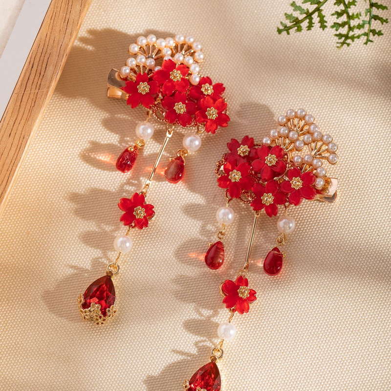 Hanfu-New-Year-Hair-Accessory-for-Children-Cherry-Blossom-Hair-Clip-with-Red-Petals-4 New Handcrafted Intangible Cultural Heritage Silk Earrings Classic Cheongsam Red Tassel Earrings