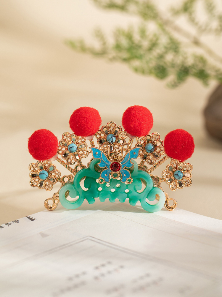 Hanfu Opera-Style Headpiece with Red Fluff Cosplay Accessory