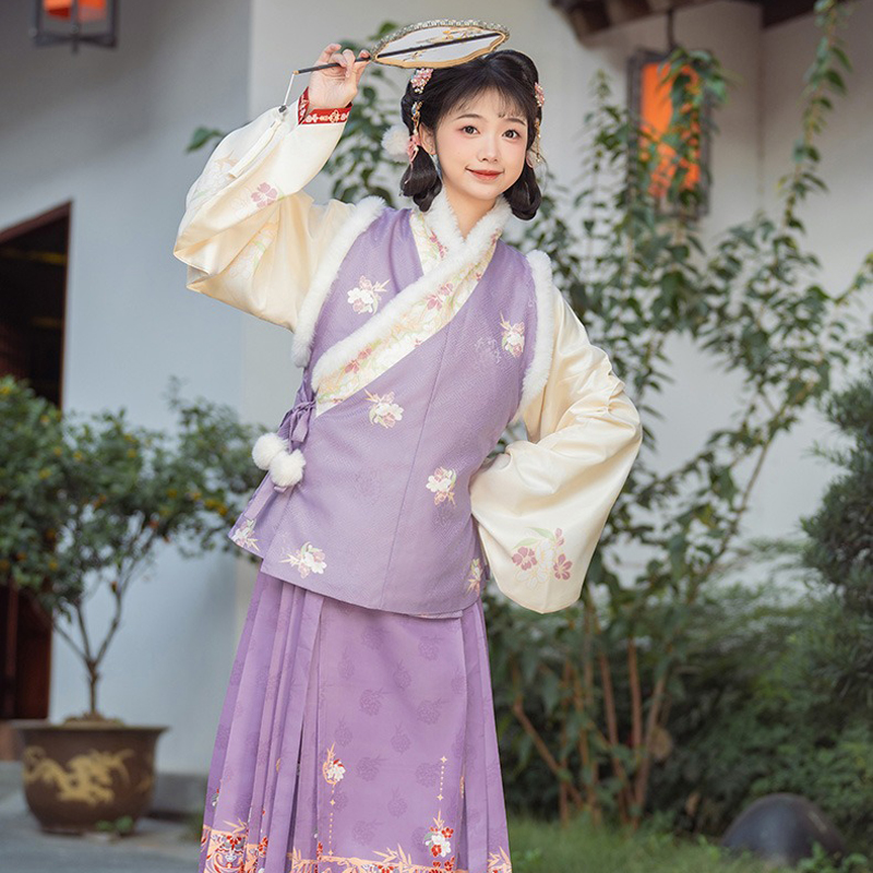 Ming-Dynasty-Style-Hanfu-Women-Mamian-Skirt-Bijia-Winter-Thickened-Purple-Set-4 Ming Dynasty Style Hanfu Women Mamian Skirt Bijia Winter Thickened Purple Set