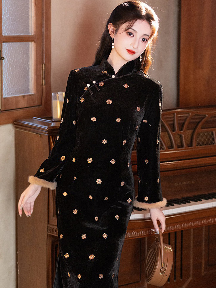 Women Black Winter Cheongsam Thickened Velvet Long-Length Qipao