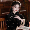Women-Black-Winter-Cheongsam-Thickened-Velvet-Long-Length-Qipao-3 Women Black Winter Cheongsam Thickened Velvet Long-Length Qipao
