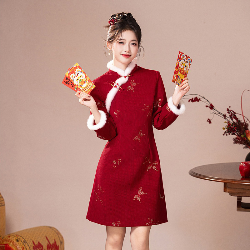 Women-Cheongsam-Winter-Collection-Christmas-New-Arrival-Red-Dress-Thickened-New-Year-Qipao-2 Women Cheongsam Winter Collection Christmas New Arrival Red Dress Thickened New Year Qipao