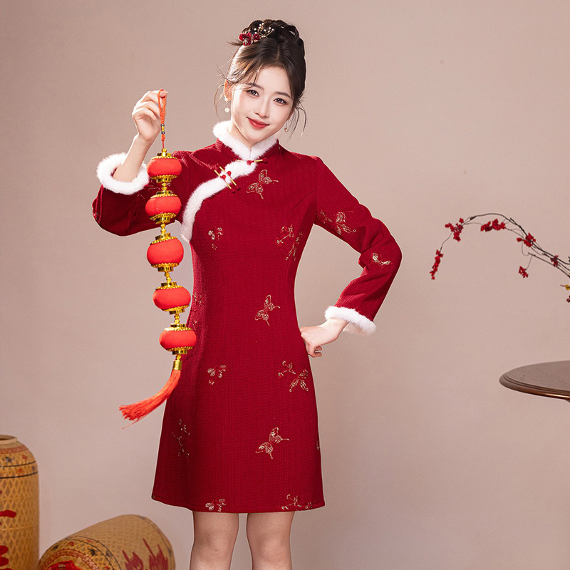 Women-Cheongsam-Winter-Collection-Christmas-New-Arrival-Red-Dress-Thickened-New-Year-Qipao-3 Women Cheongsam Winter Collection Christmas New Arrival Red Dress Thickened New Year Qipao