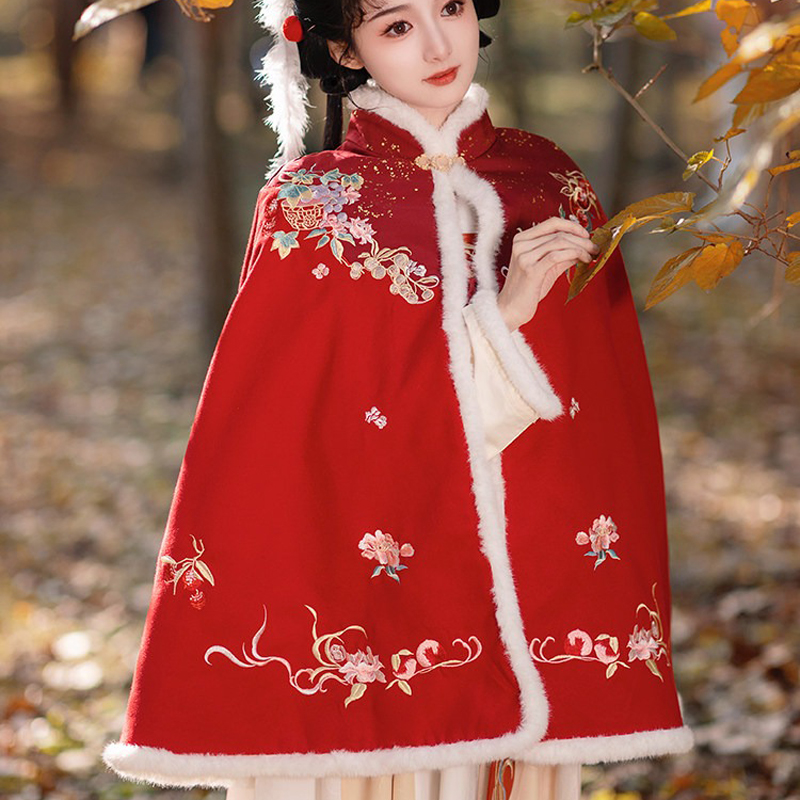 Women-Winter-Hanfu-Short-Cape-Classic-Red-Coat-2 Women Winter Hanfu Short Cape Classic Red Coat