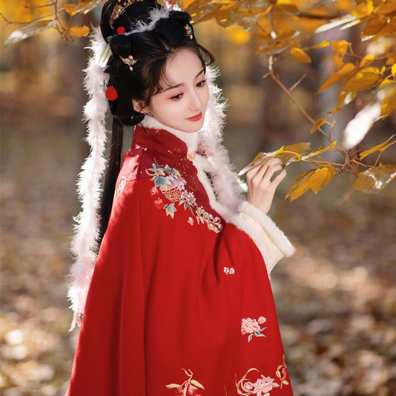 Women-Winter-Hanfu-Short-Cape-Classic-Red-Coat-3 Women Winter Hanfu Short Cape Classic Red Coat