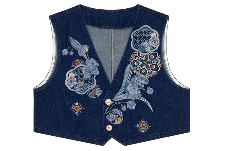 Fashionable Hanfu Short Embroidered Vest with Denim-Inspired Xuanqun