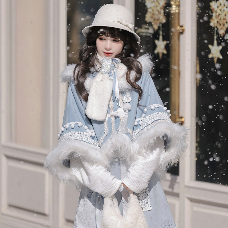 Women-Winter-Hanfu-Blue-Fashionable-Fluffy-Skirt-Set-1 Women Winter Hanfu Blue Fashionable Fluffy Skirt Set