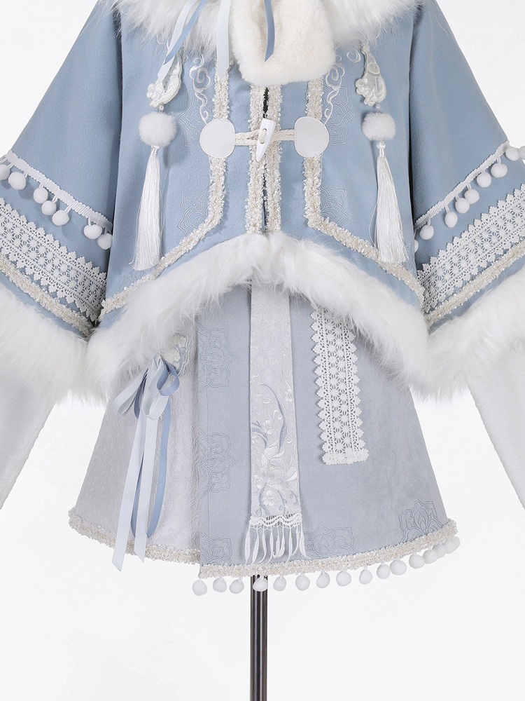 Women Winter Hanfu Blue Fashionable Fluffy Skirt Set