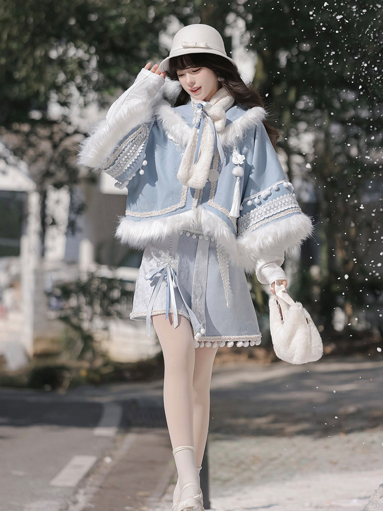 Women Winter Hanfu Blue Fashionable Fluffy Skirt Set