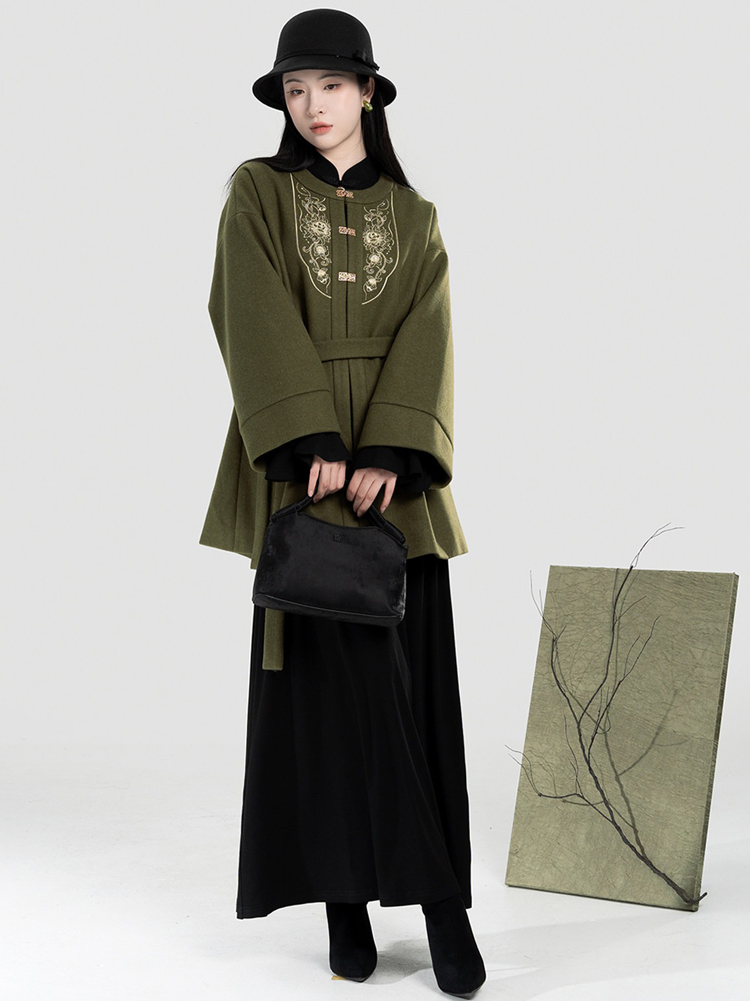 Women Winter Hanfu Round-Neck Coat Stand-Up Collar Bell-Sleeve Long Dress A-Line Slim-Fit Long Skirt