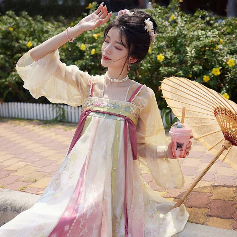 Women's-Pink-Qixiong-Shanqun-Tang-Dynasty-Embroidered-Hanfu-Duijin-Shirt-1 Women's Pink Qixiong Shanqun Tang Dynasty Embroidered Hanfu Duijin Shirt