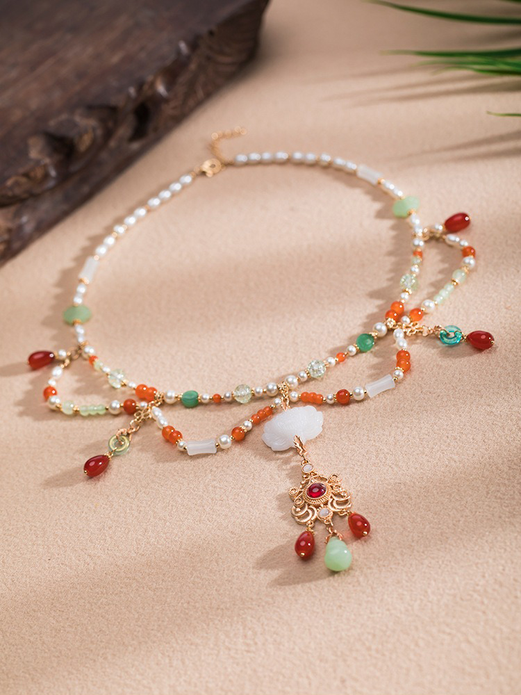 Hanfu Necklace Ancient Style Yingluo Dunhuang-Inspired Accessories Double-Layer Vintage Jewelry
