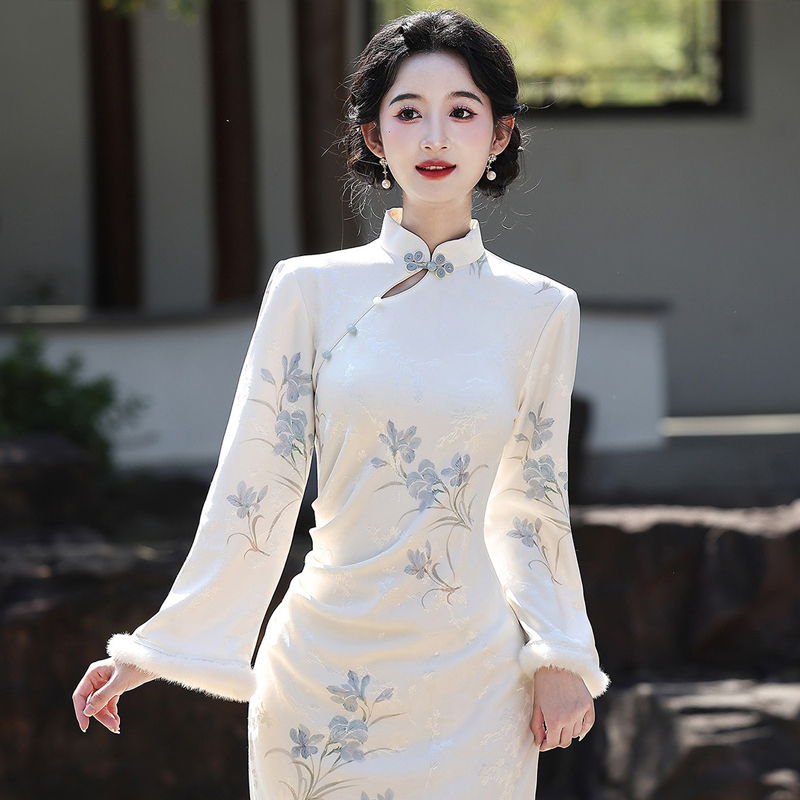 Spring-Women-Cheongsam-New-Long-Fleece-Lined-Qipao-Dress-1 Spring Women Cheongsam New Long Fleece Lined Qipao Dress