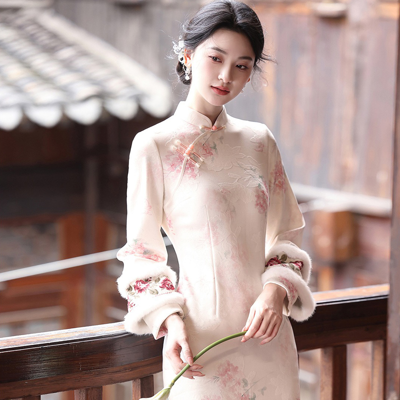 Spring-Women-Cheongsam-Pink-Wide-Sleeved-Warm-Long-Dress-1 Spring Women Cheongsam Pink Wide-Sleeved Warm Long Dress