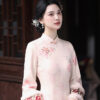 Spring-Women-Cheongsam-Pink-Wide-Sleeved-Warm-Long-Dress-2 Spring Women Cheongsam Pink Wide-Sleeved Warm Long Dress