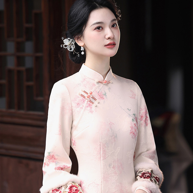Spring-Women-Cheongsam-Pink-Wide-Sleeved-Warm-Long-Dress-2 Spring Women Cheongsam Pink Wide-Sleeved Warm Long Dress