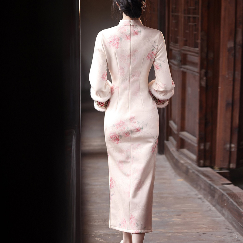 Spring-Women-Cheongsam-Pink-Wide-Sleeved-Warm-Long-Dress-4 Spring Women Cheongsam Pink Wide-Sleeved Warm Long Dress
