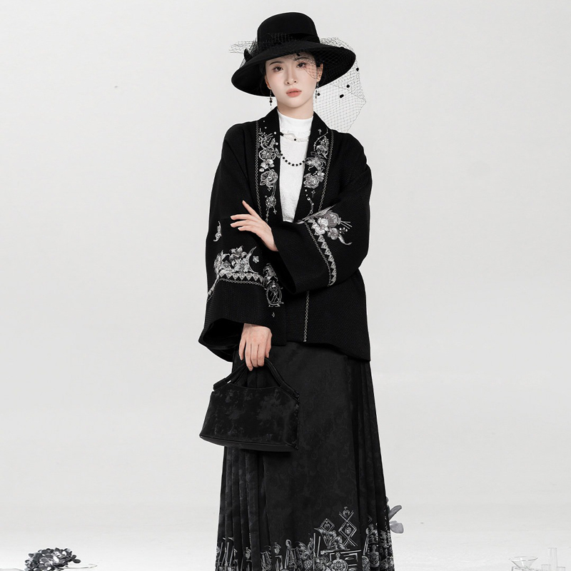 Spring-Women-Hanfu-Set-Duijin-Jacket-Black-Mamian-Skirt-Elegant-Style-4 Spring Women Hanfu Set Duijin Jacket Black Mamian Skirt Elegant Style