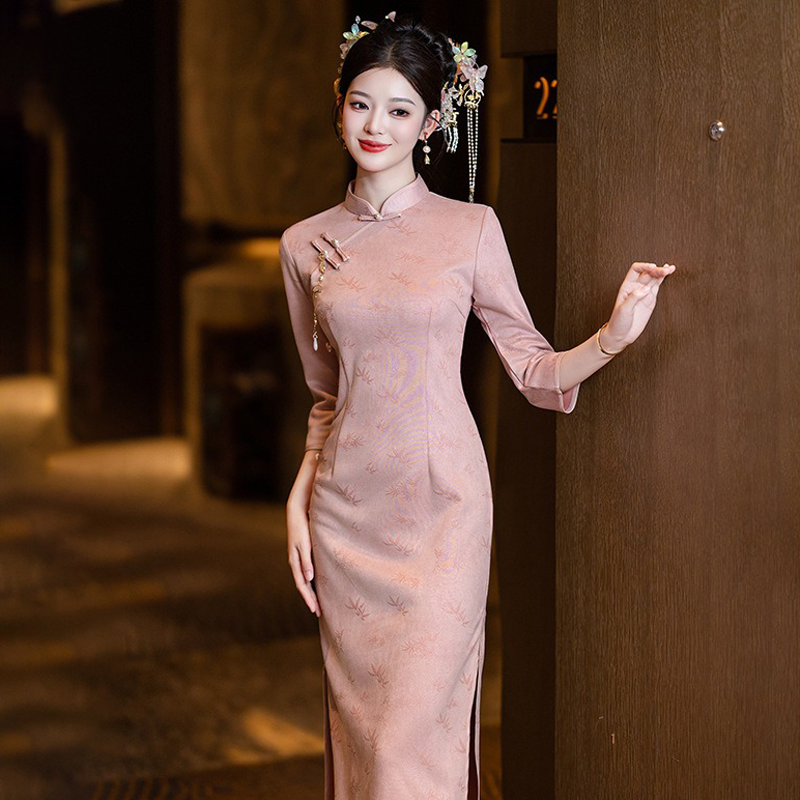Women-Pink-Cheongsam-Chinese-Wedding-Attire-Long-Length-Dress-1 Women Pink Cheongsam Chinese Wedding Attire Long-Length Dress