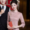 Women-Pink-Cheongsam-Chinese-Wedding-Attire-Long-Length-Dress-2 Women Pink Cheongsam Chinese Wedding Attire Long-Length Dress
