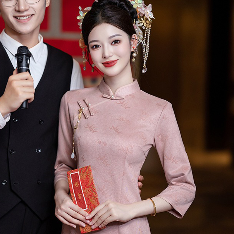 Women-Pink-Cheongsam-Chinese-Wedding-Attire-Long-Length-Dress-2 Women Pink Cheongsam Chinese Wedding Attire Long-Length Dress