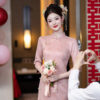 Women-Pink-Cheongsam-Chinese-Wedding-Attire-Long-Length-Dress-3 Women Pink Cheongsam Chinese Wedding Attire Long-Length Dress