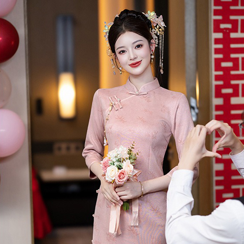Women-Pink-Cheongsam-Chinese-Wedding-Attire-Long-Length-Dress-3 Women Pink Cheongsam Chinese Wedding Attire Long-Length Dress
