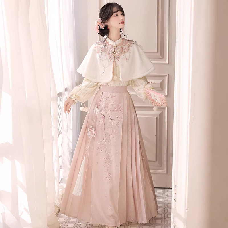 Women-Spring-Hanfu-Ming-Dynasty-Style-Pink-Mamian-Skirt-1 Women Spring Hanfu Ming Dynasty Style Pink Mamian Skirt