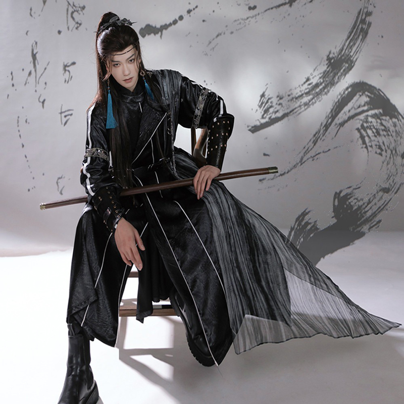 Men-Martial-Arts-Hanfu-Set-Black-Long-Round-Neck-Robe-1 Men Martial Arts Hanfu Set Black Long Round-Neck Robe
