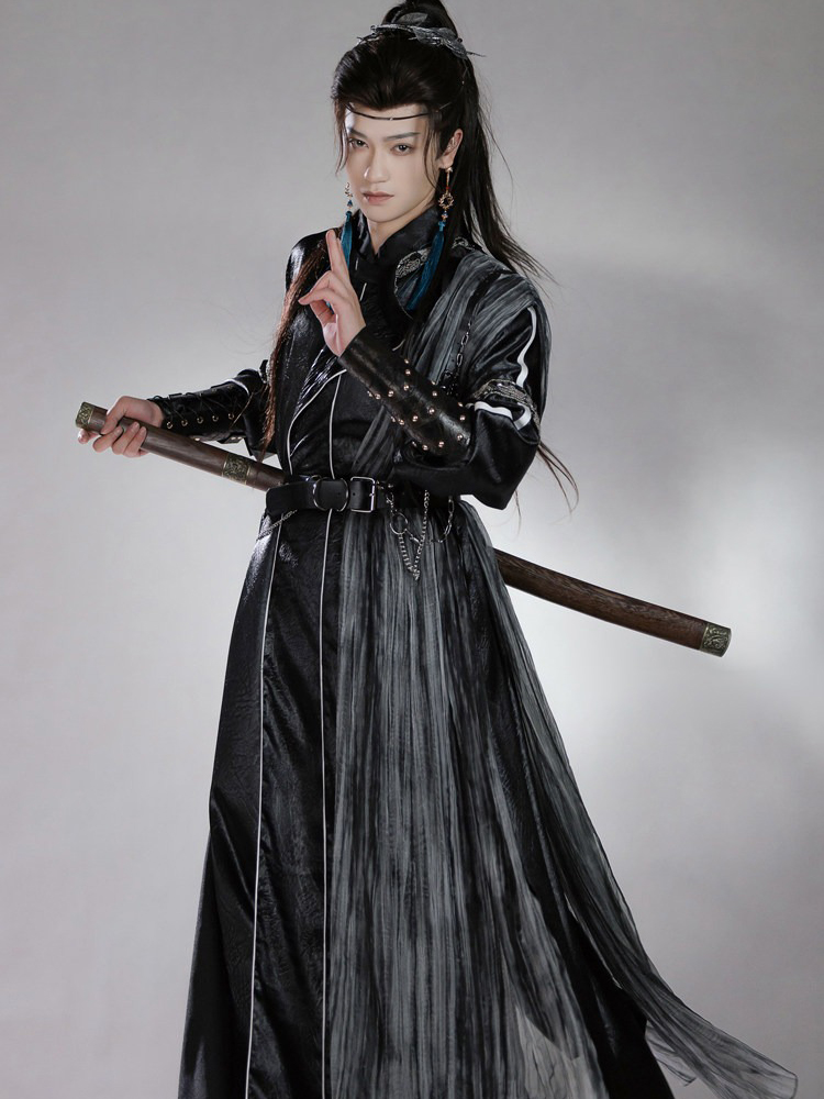 Men Martial Arts Hanfu Set Black Long Round-Neck Robe