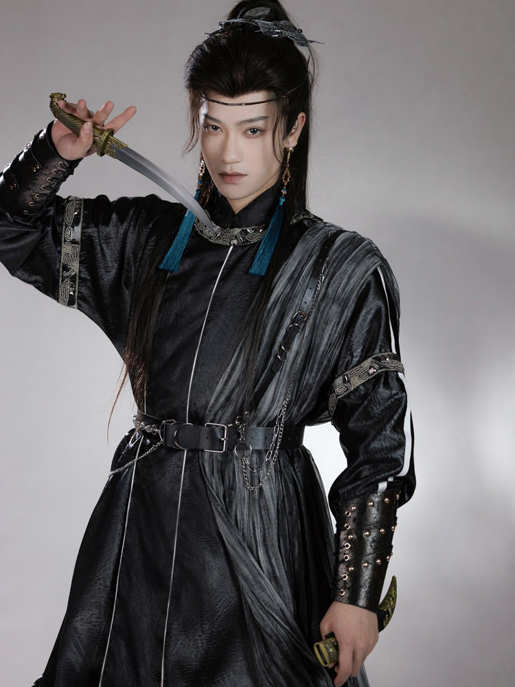 Men Martial Arts Hanfu Set Black Long Round-Neck Robe