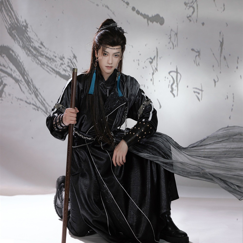 Men-Martial-Arts-Hanfu-Set-Black-Long-Round-Neck-Robe-2 Men Martial Arts Hanfu Set Black Long Round-Neck Robe
