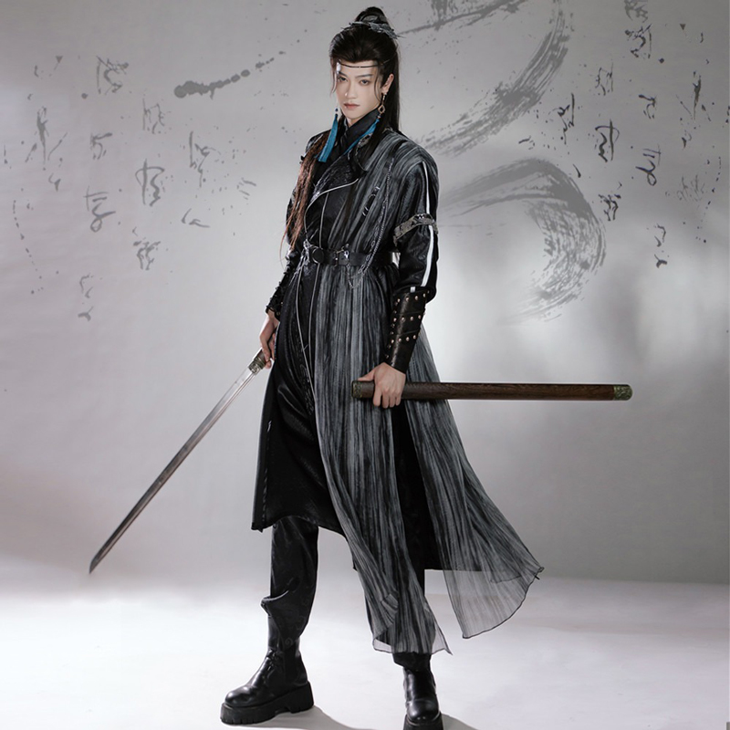 Men-Martial-Arts-Hanfu-Set-Black-Long-Round-Neck-Robe-3 Men Martial Arts Hanfu Set Black Long Round-Neck Robe
