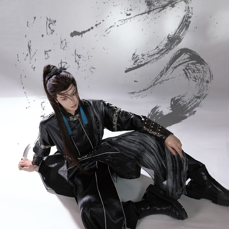 Men-Martial-Arts-Hanfu-Set-Black-Long-Round-Neck-Robe-4 Men Martial Arts Hanfu Set Black Long Round-Neck Robe
