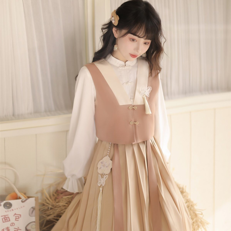 Modern-Everyday-Hanfu-Spring-Dress-with-Vest-Vintage-Set-1 Modern Everyday Hanfu Spring Dress with Vest Vintage Set