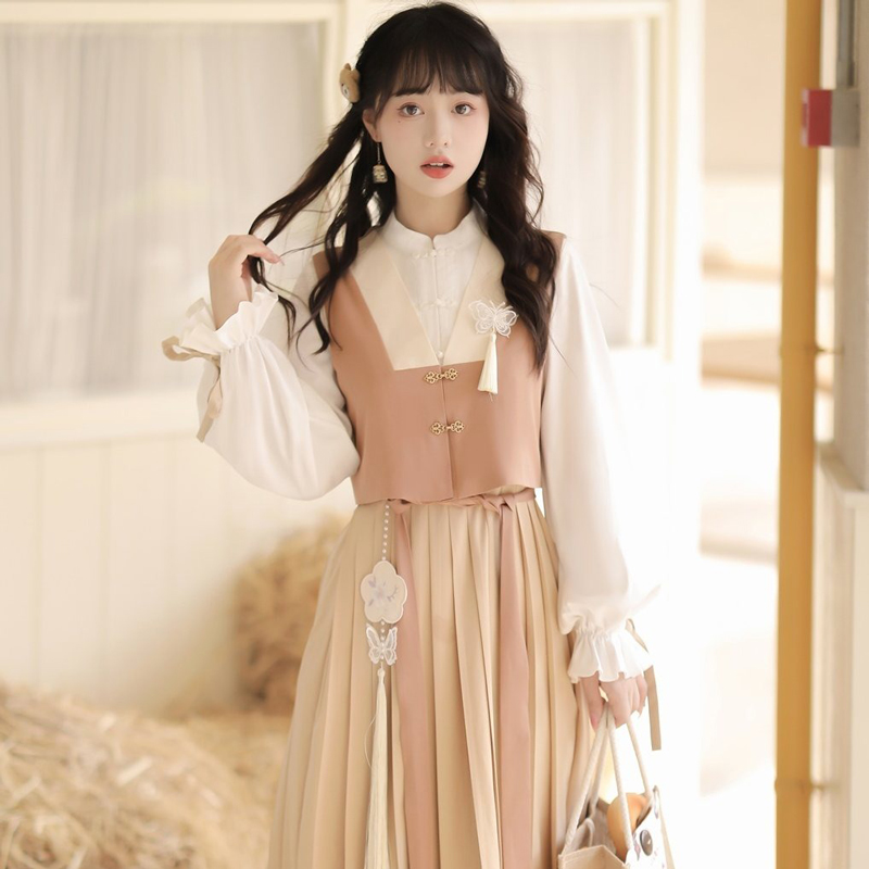 Modern-Everyday-Hanfu-Spring-Dress-with-Vest-Vintage-Set-2 Modern Everyday Hanfu Spring Dress with Vest Vintage Set