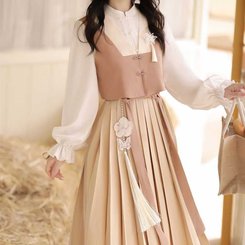 Modern-Everyday-Hanfu-Spring-Dress-with-Vest-Vintage-Set-3 Modern Everyday Hanfu Spring Dress with Vest Vintage Set