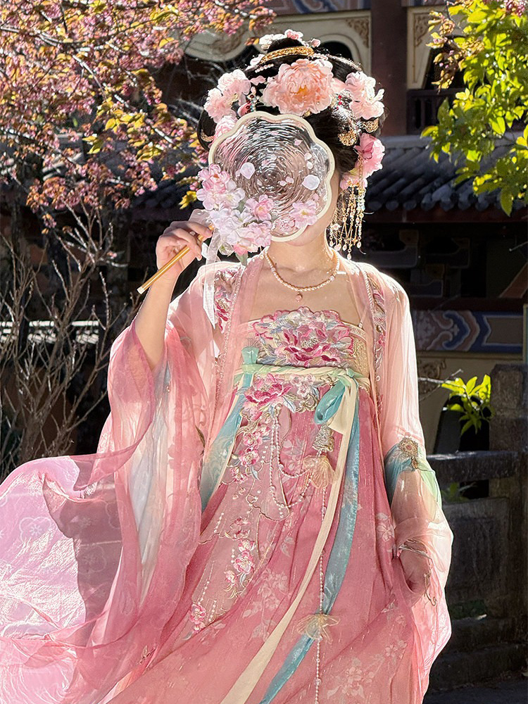 Women Summer Tang Dynasty Hanfu Qixiong Shanqun Pink Cute Set