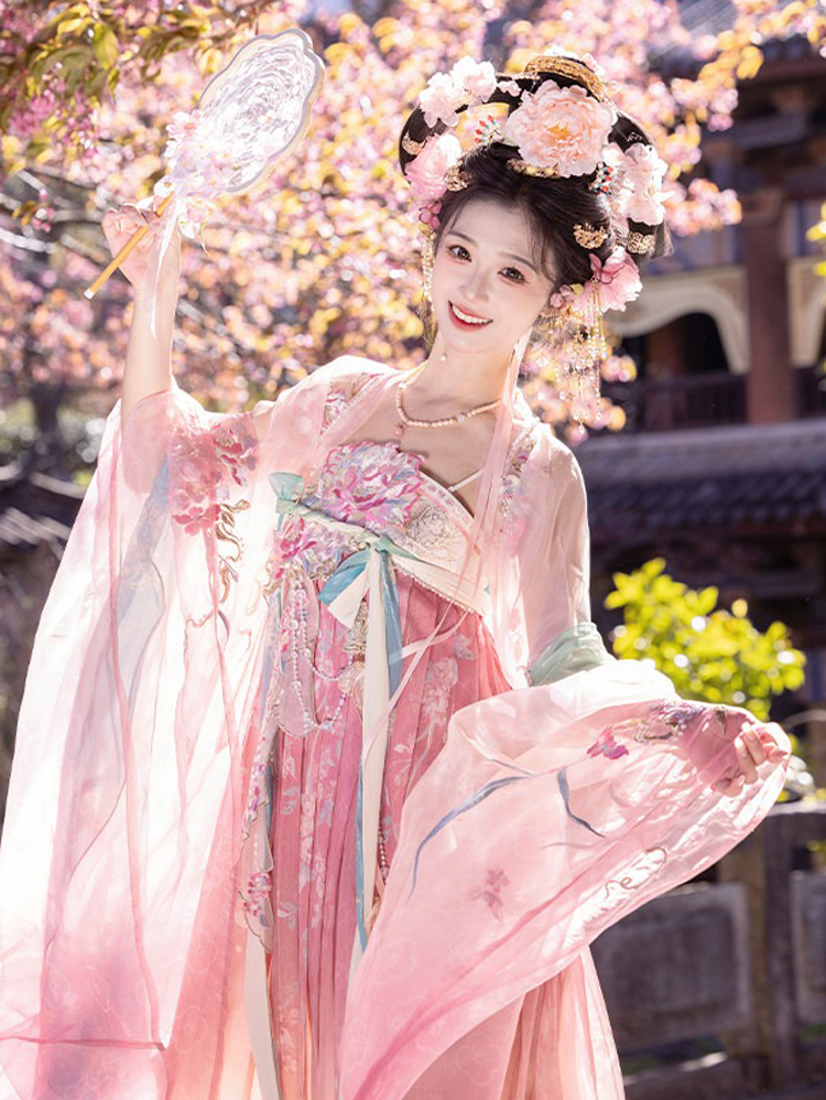 Women Summer Tang Dynasty Hanfu Qixiong Shanqun Pink Cute Set