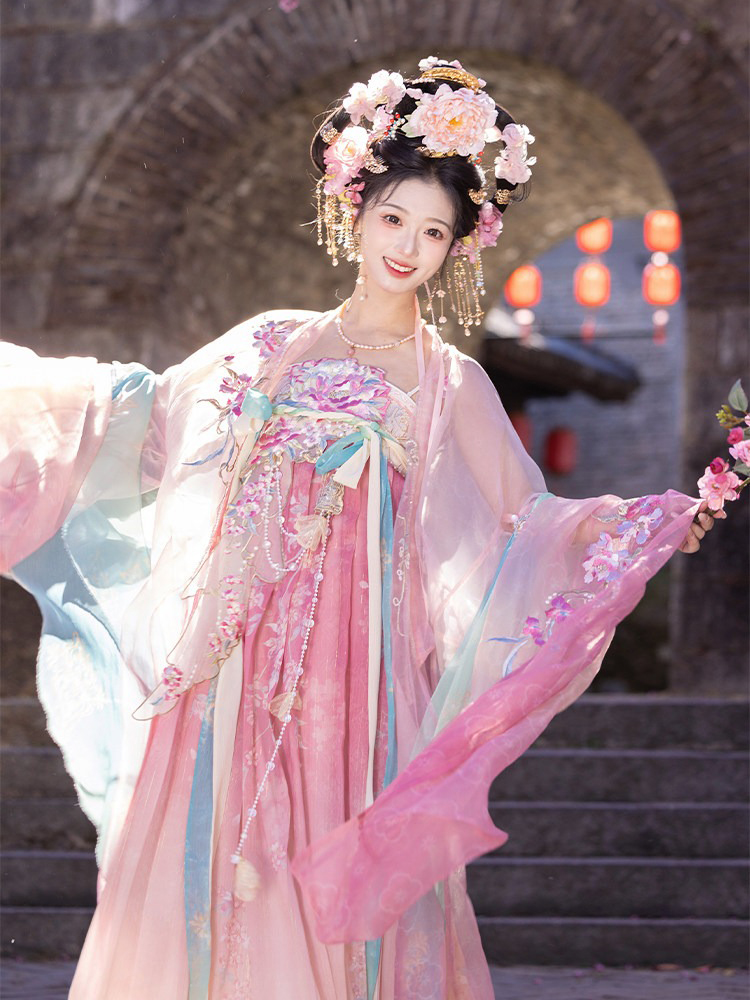 Women Summer Tang Dynasty Hanfu Qixiong Shanqun Pink Cute Set