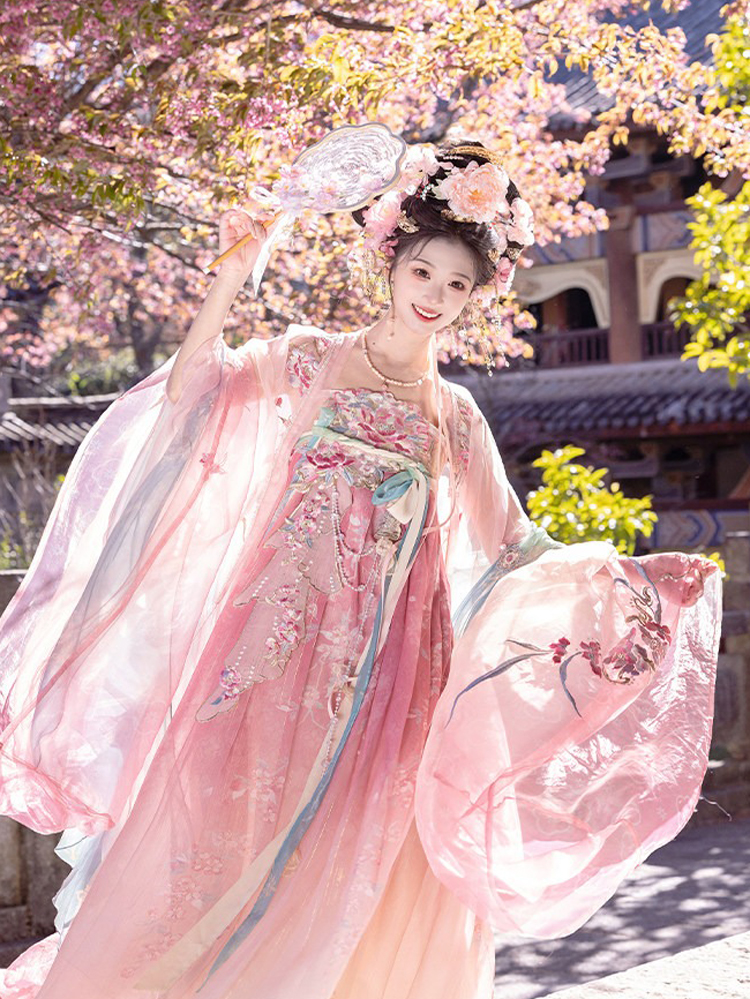 Women Summer Tang Dynasty Hanfu Qixiong Shanqun Pink Cute Set