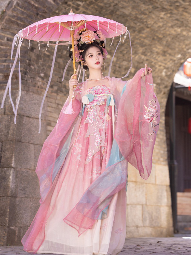 Women Summer Tang Dynasty Hanfu Qixiong Shanqun Pink Cute Set